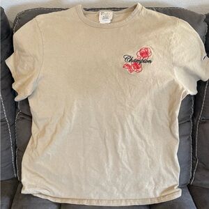 Champion Beige Short Sleeve Tee with Red Rose Embroidery